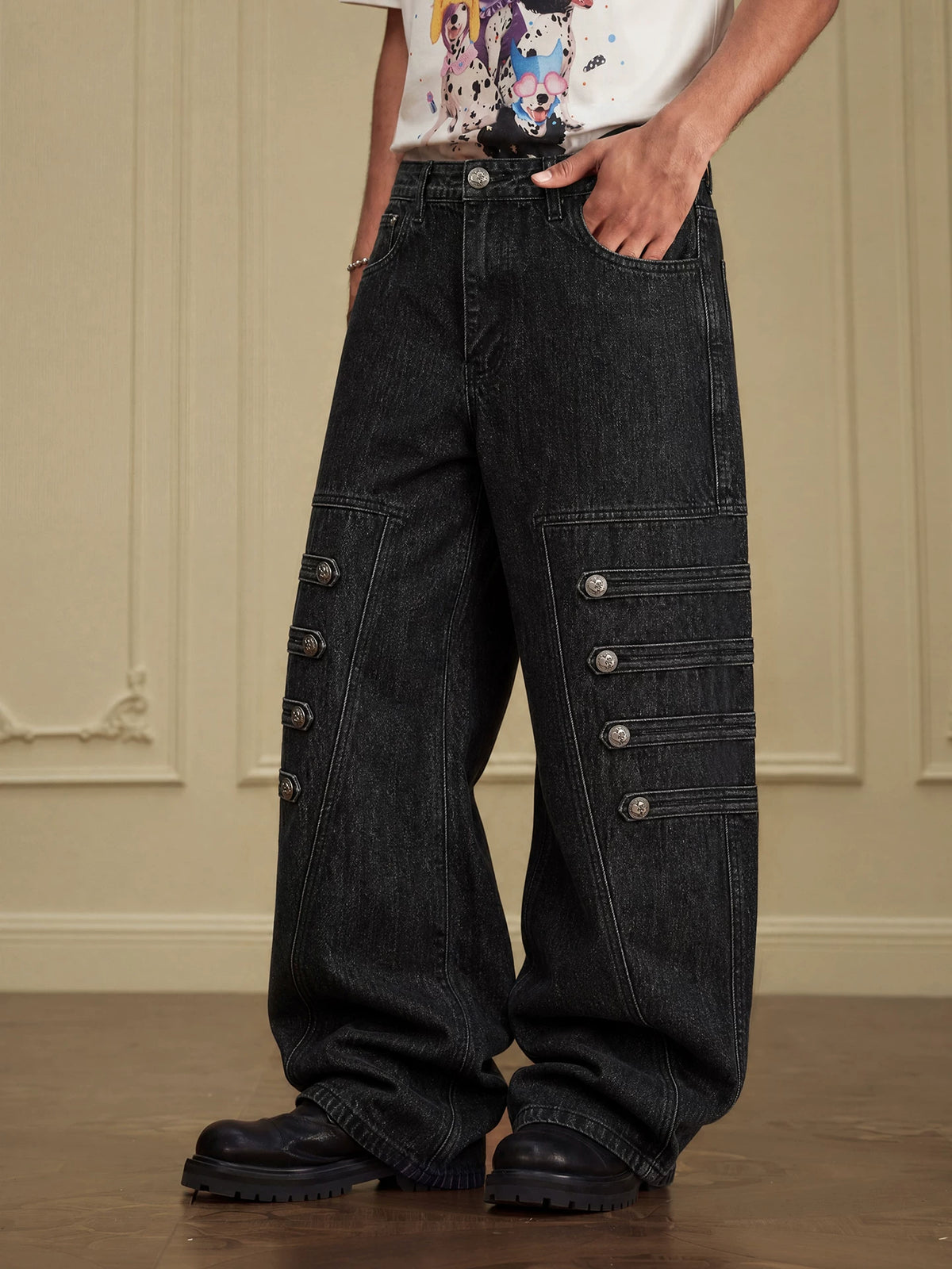 YADcrew Washed Wide-Leg Mid-Rise Work Jeans