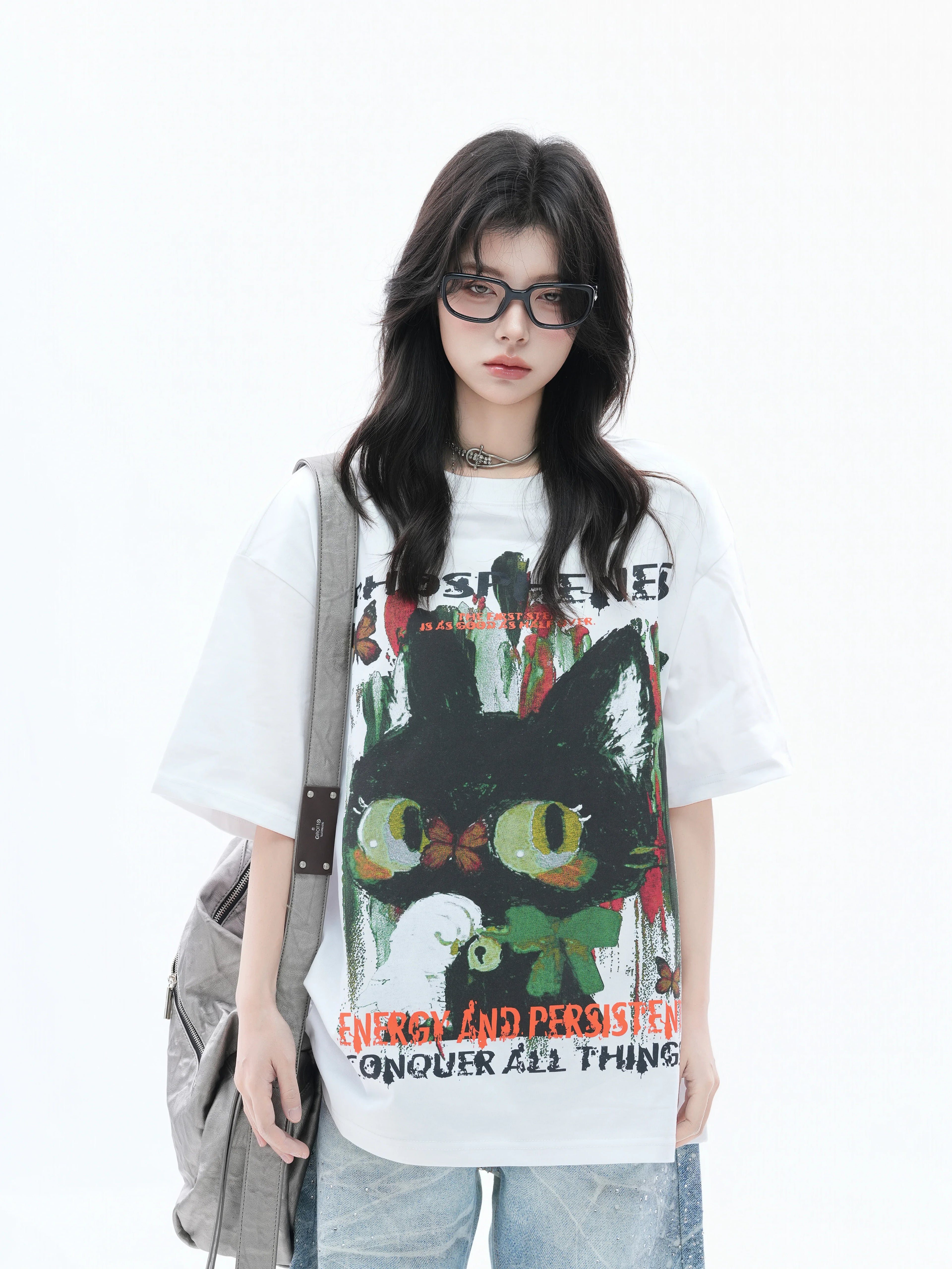Zuocisankon Oversize Cute Cat Graffiti Print Tee