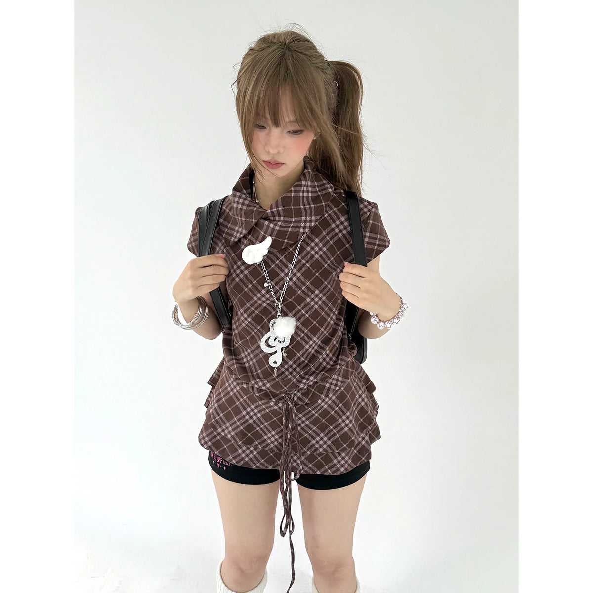 Kasugano TOO Pink Plaid Lace-Trim Fitted Blouse