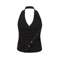 Yawhat Black Two-Tone Mesh Lace Halter Top