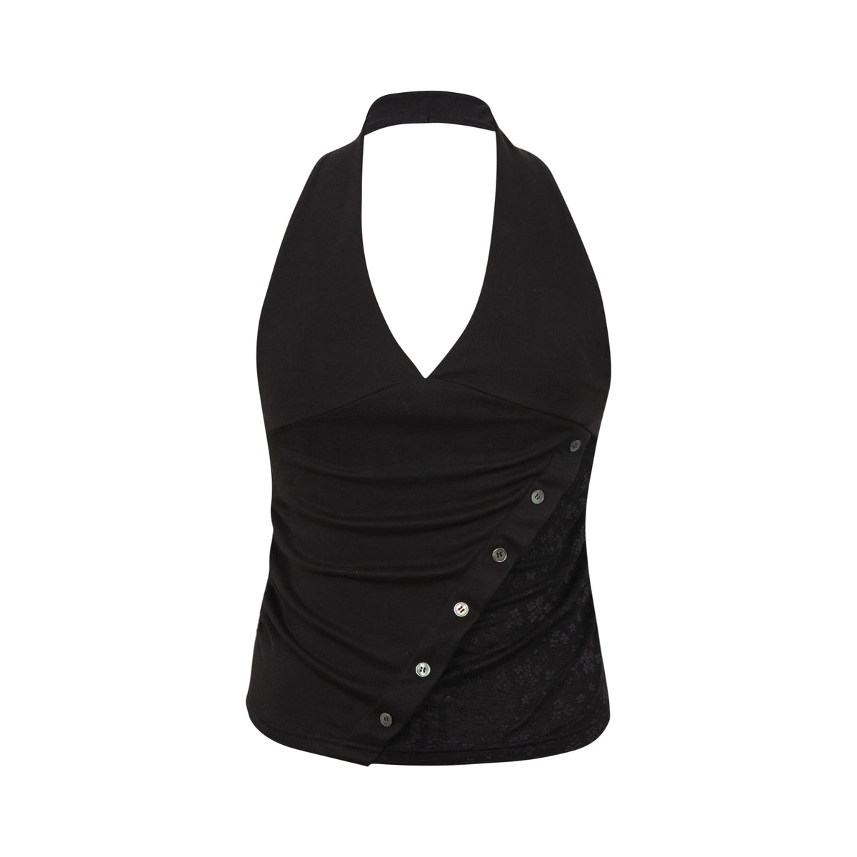 Yawhat Black Two-Tone Mesh Lace Halter Top