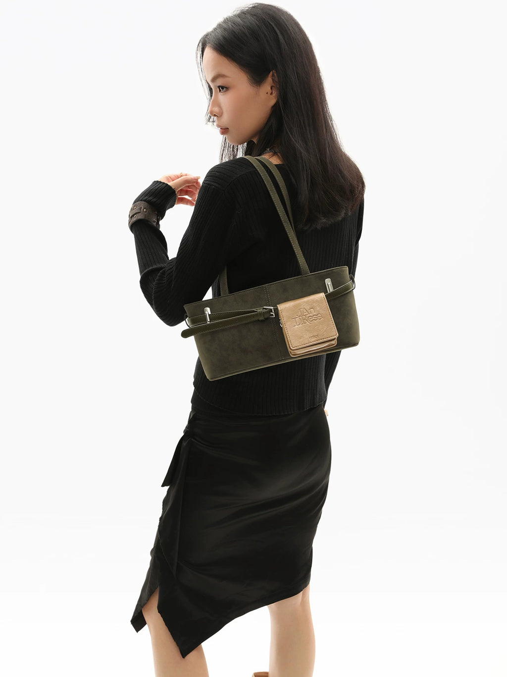 JANDRESS Moss Green Faux Leather Zip-Top Shoulder Bag