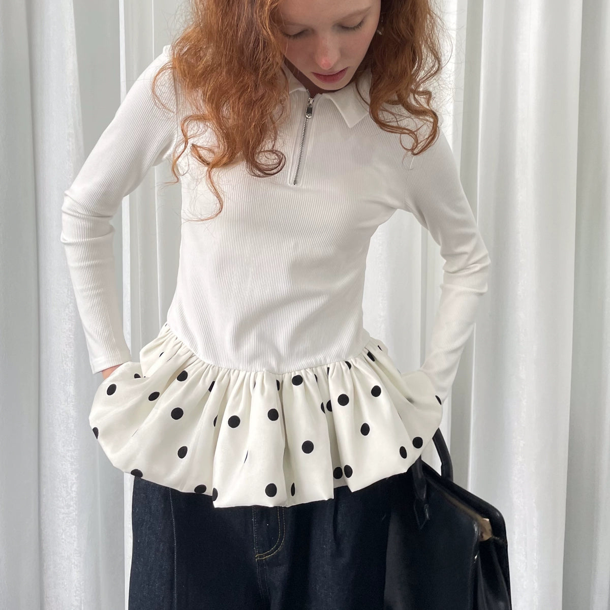 Loosesmell Slim Stitching Polka Dot Bud Hem Long Sleeve