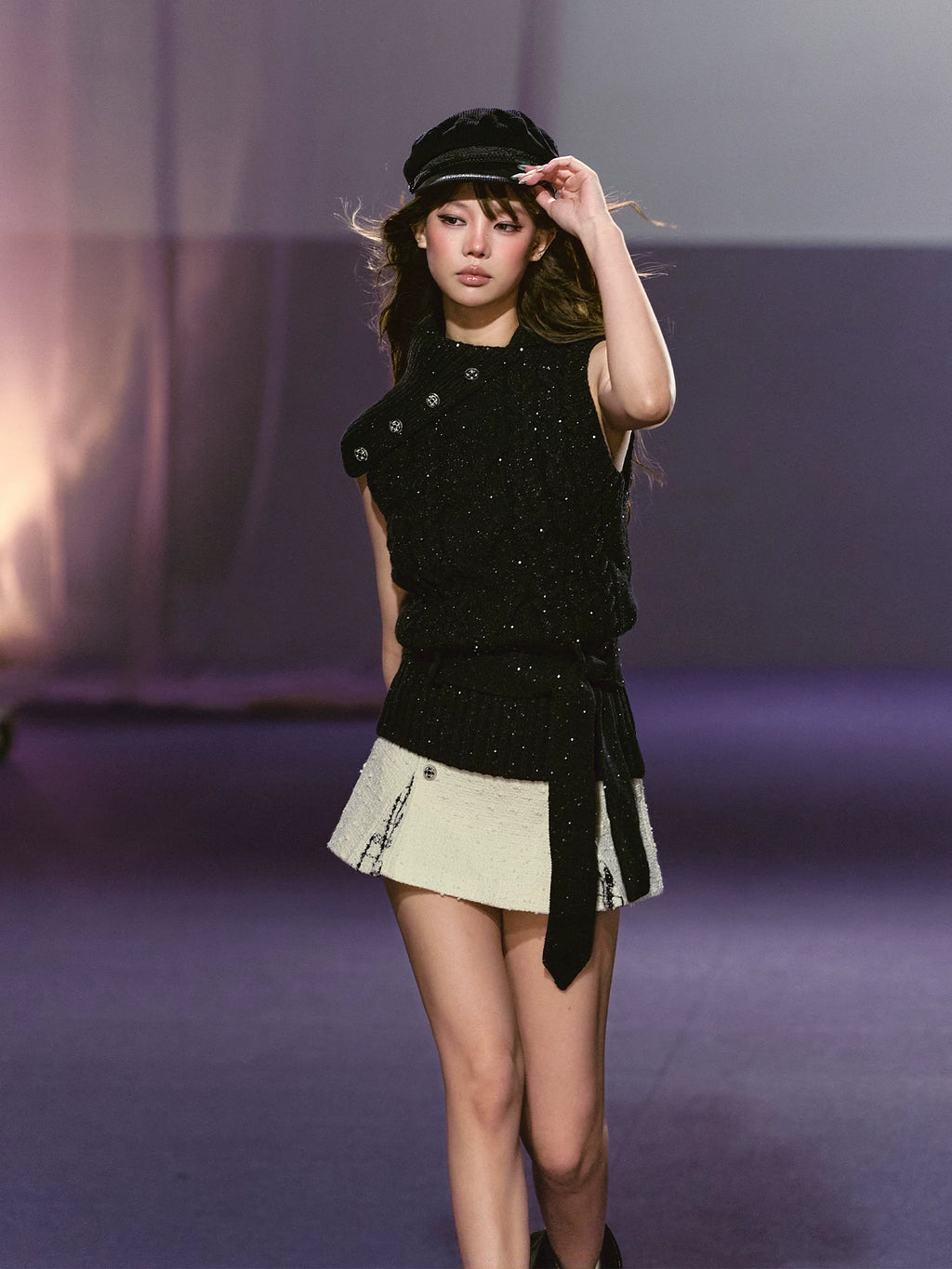 AGAM Vintage Lapel Plaid Sequin Fine Glitter Wool Vest