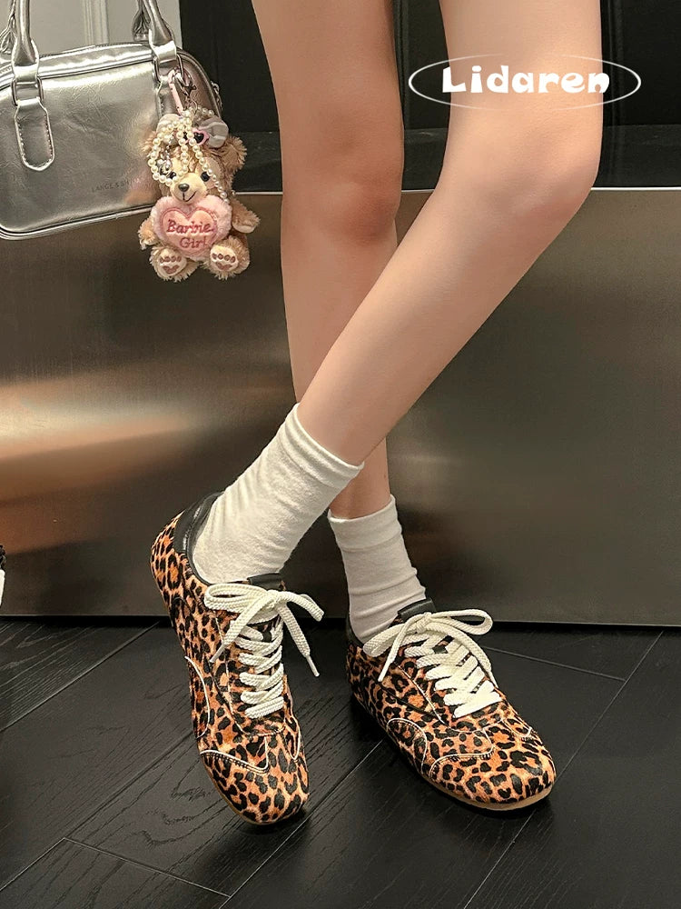 Lidaren Produced Leopard Print Leather Lace-Up Ballet Flat