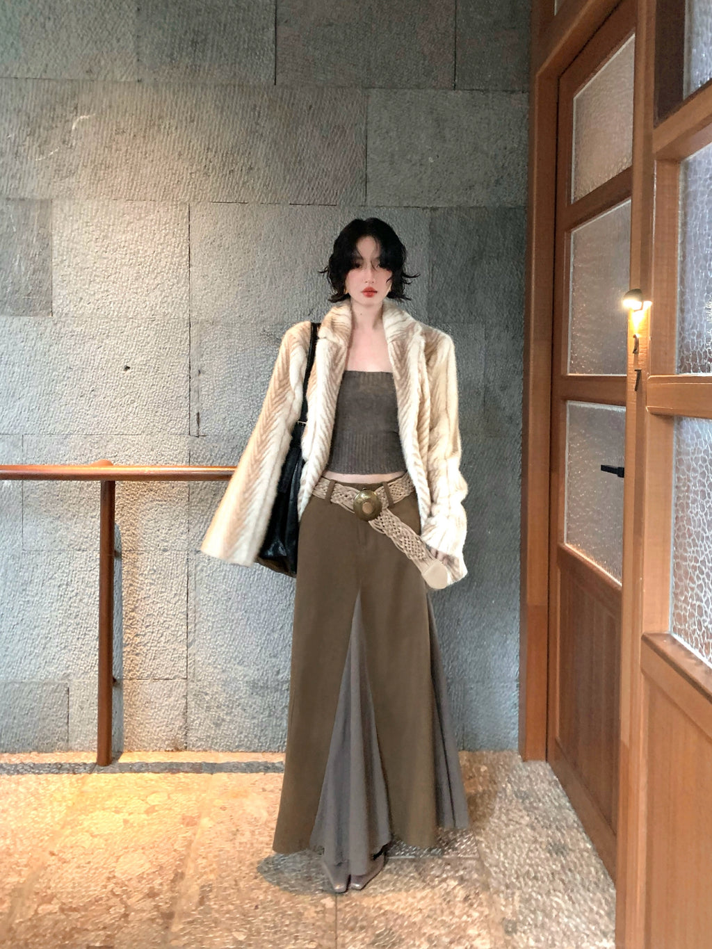 KELIFAN High-Waist Wool Blend A-Line Midi Skirt