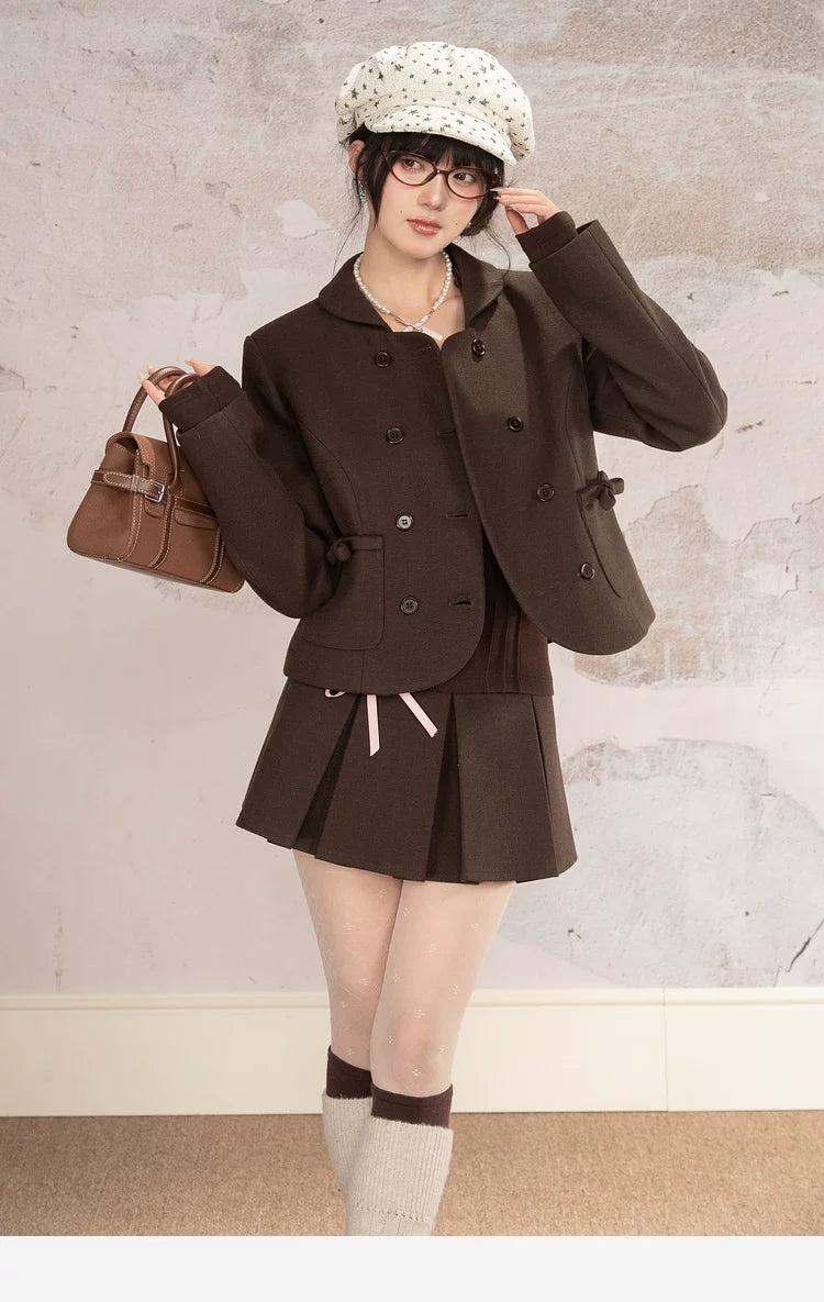 HEYNEW Maillard College Style Coat Pleated Skirt