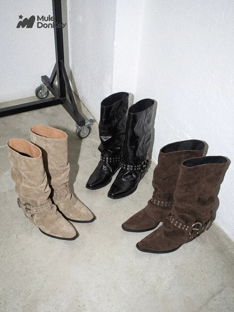 Mule Donkey Suede Pointed-Toe Western Mid-Calf Boot