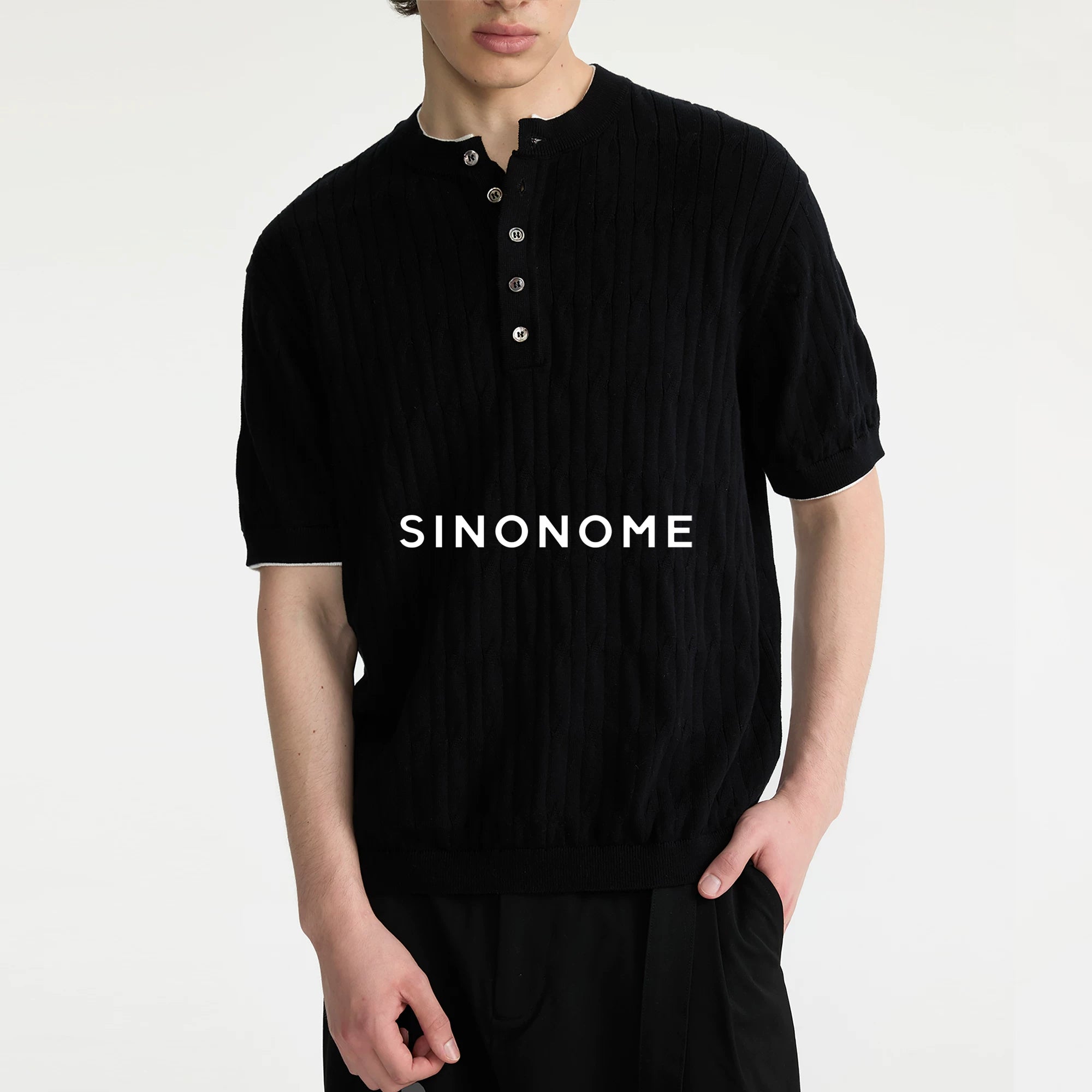 SINONOME Twisted Cable Knit Breathable Relaxed Henley Tee