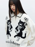 eeeeArtmonster Cat Jacquard Knitted Hollow Long Sleeve Blouse