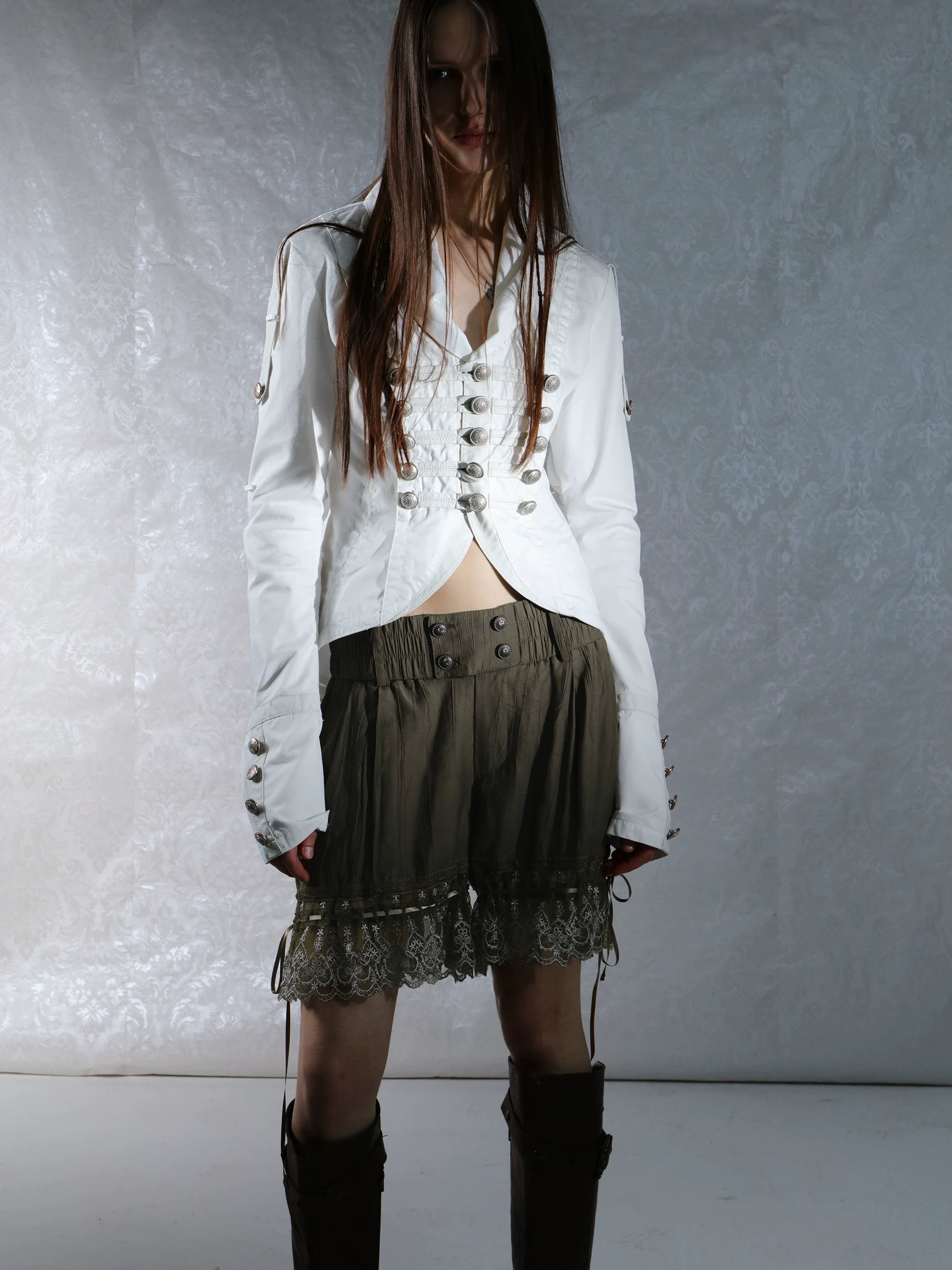 DoublePunch Knight-Style Patchwork Leather Washed Cotton Cropped Jacket
