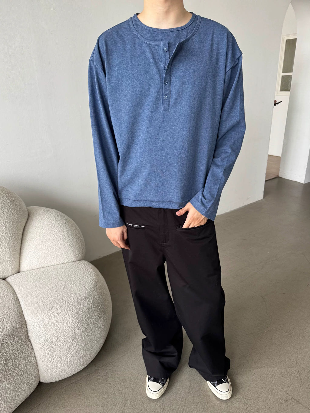 Erole Henry Double Neck Solid Color Long Sleeve T-Shirt
