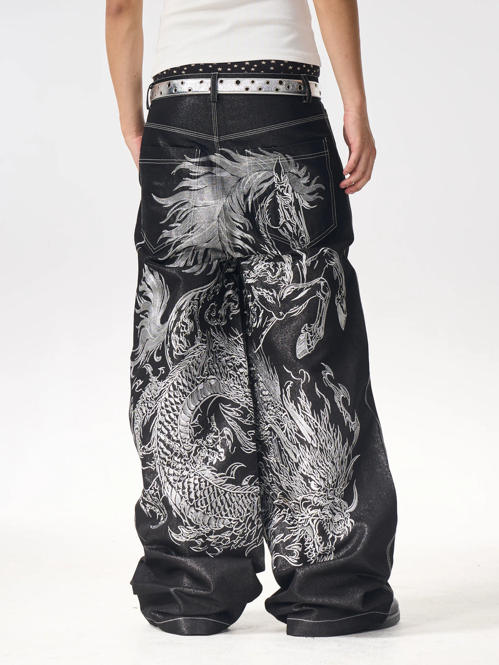 Fourth3ex Dragon Horse Totem 400g Breathable Wide-Leg Jeans