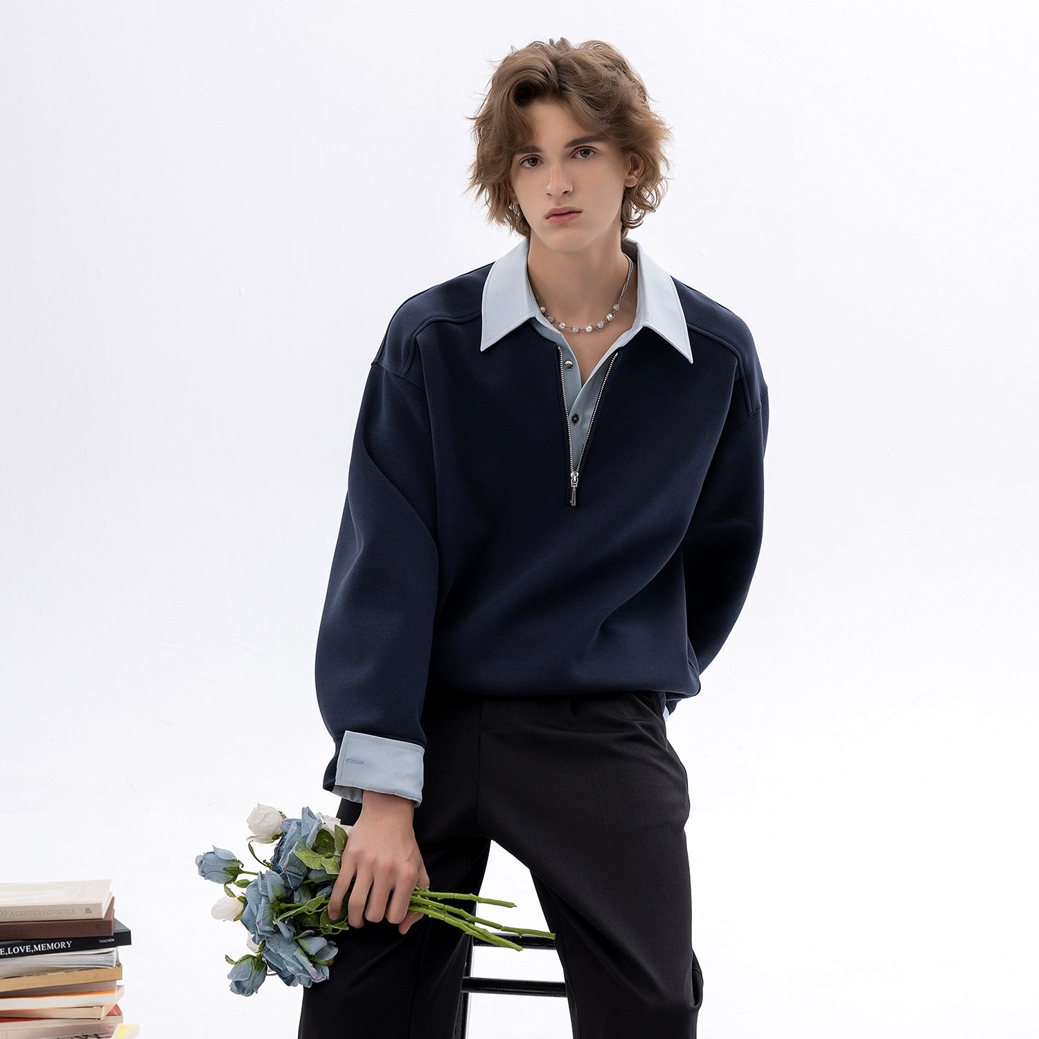 CHOR Fake Two-piece Color-matching Zipper Lapel Pullover Sweater