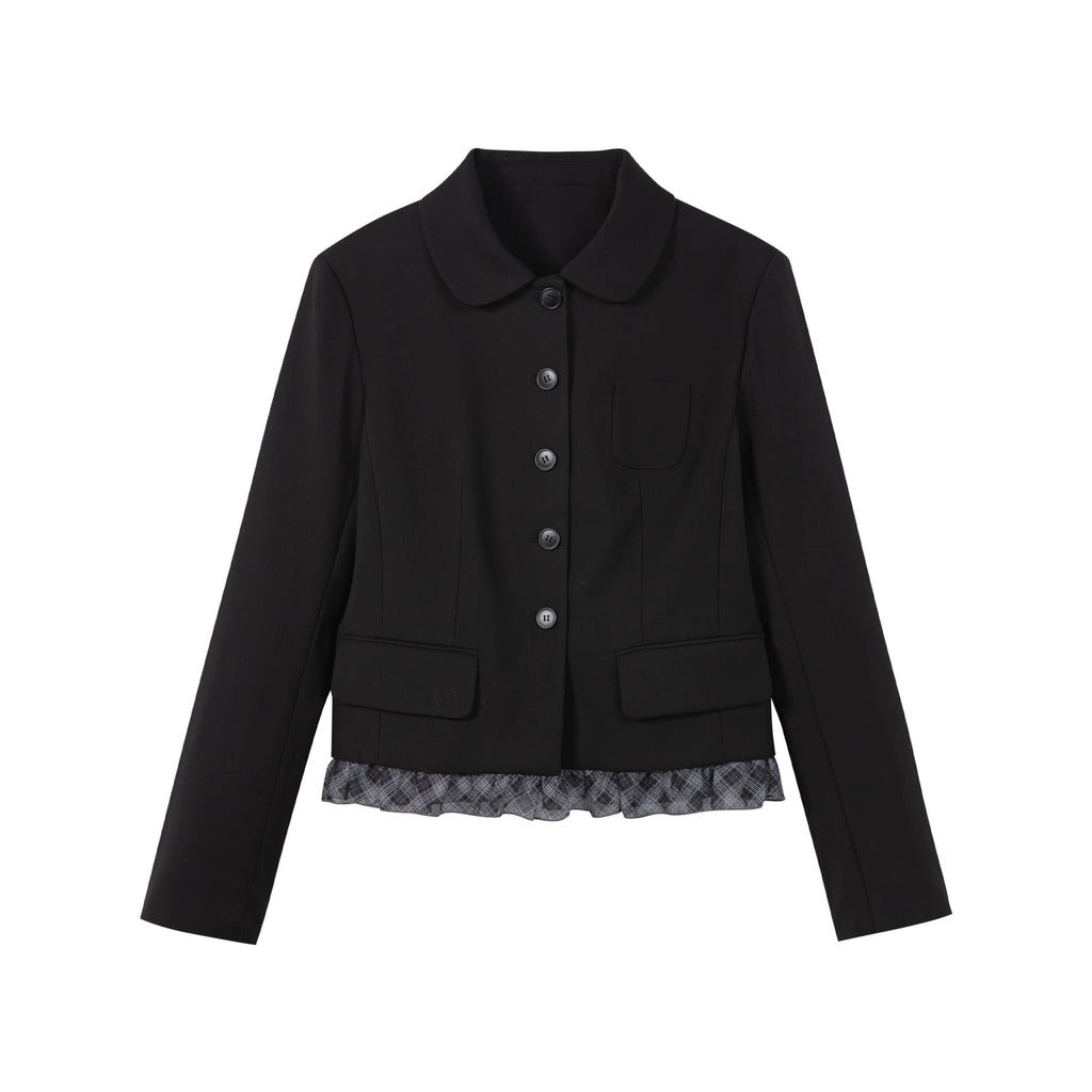 Yawhat Black Notch Lapel Plaid Ruffle Blazer
