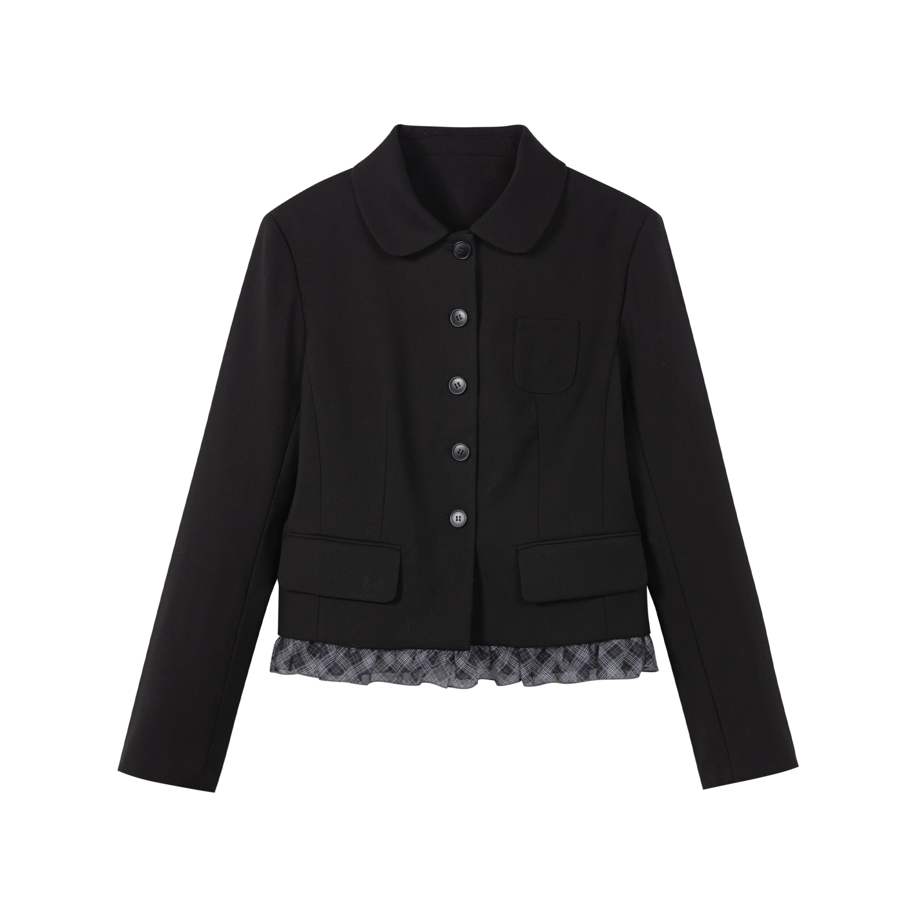 Yawhat Black Notch Lapel Plaid Ruffle Blazer
