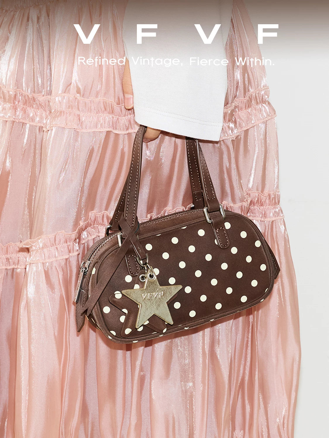VFVF Brown Polka Dot Faux Leather Zip-Top Boston Bag