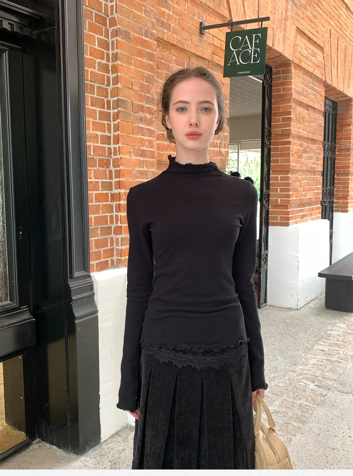 silvernorth lake Lace Semi-Turtleneck Slim Fit Long-Sleeve Top
