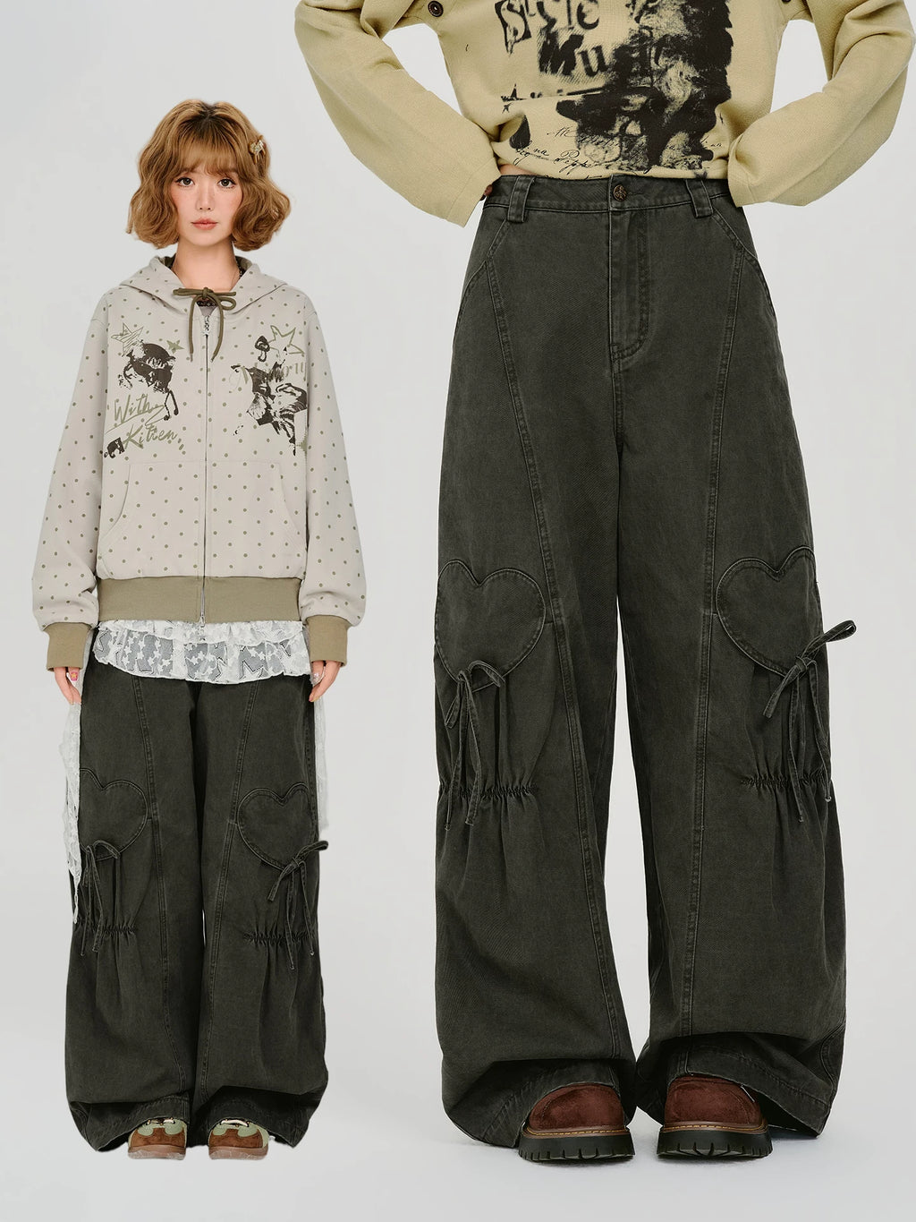 Girlyhalo American Retro Pleated Heart Detail Wide-Leg Jeans
