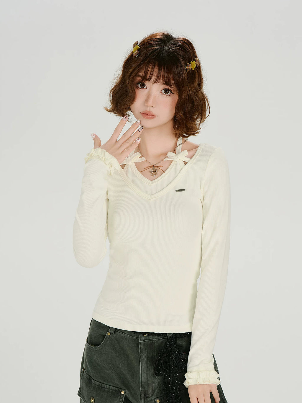 Girlyhalo Vintage Fake Two Piece Neck Slim Long Sleeve