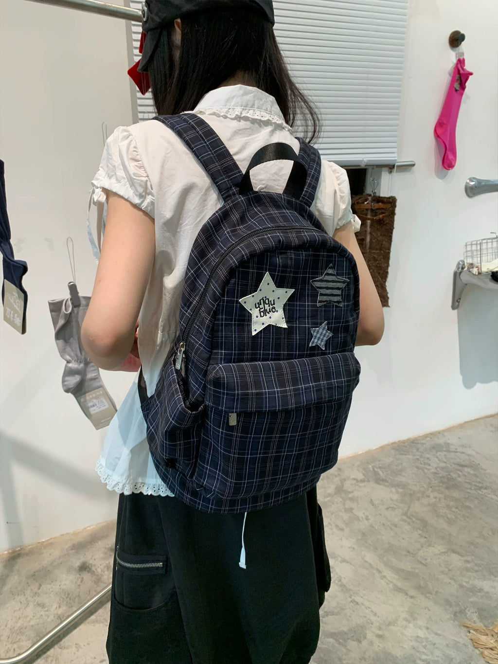 Unique blue Star Plaid Faux Leather Zip-Top Backpack