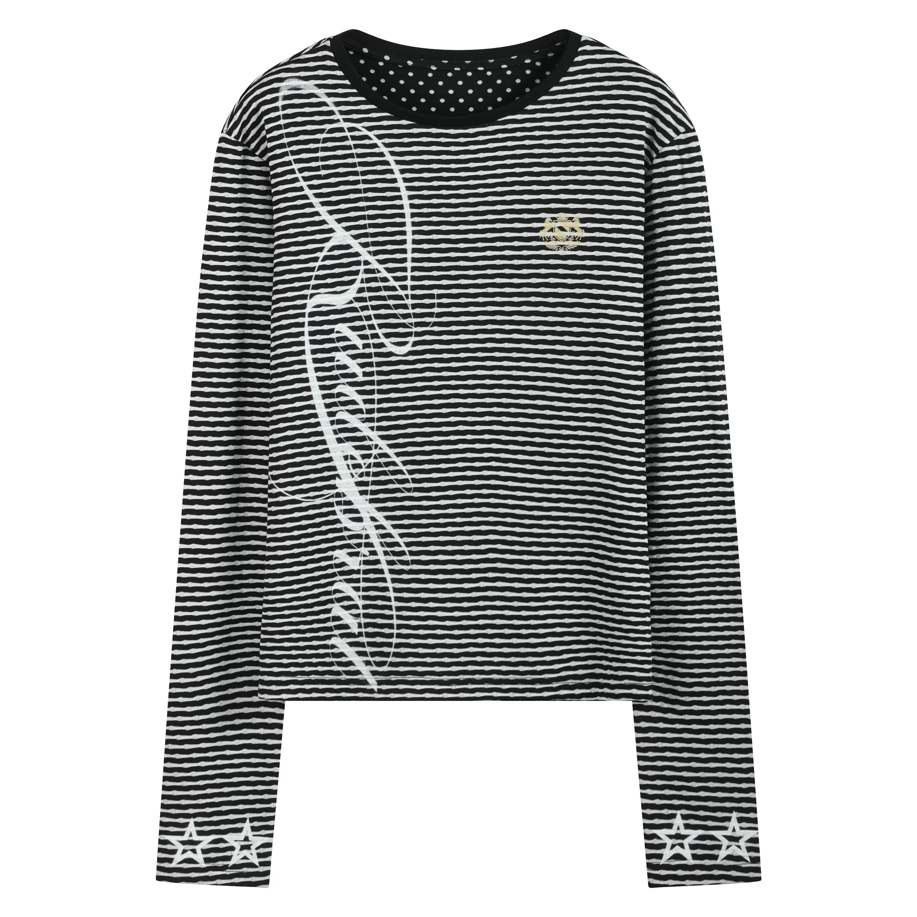 NoEmosen Stripe Print Splicing Crew Neck Long Sleeve