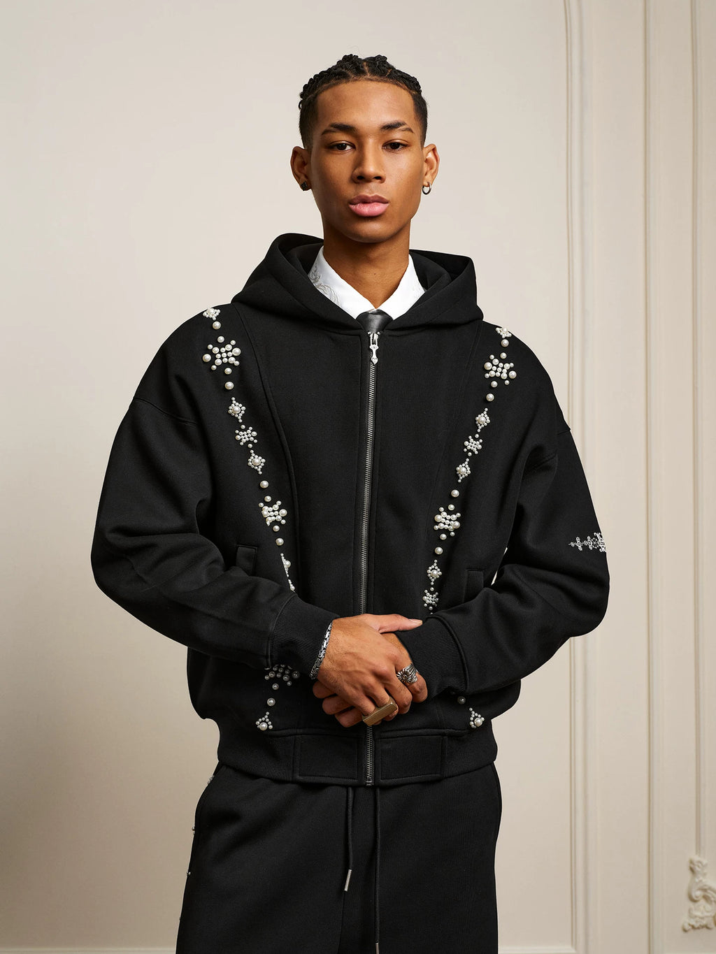 YADcrew Star Track String Pearl Cardigan Hooded Sweater