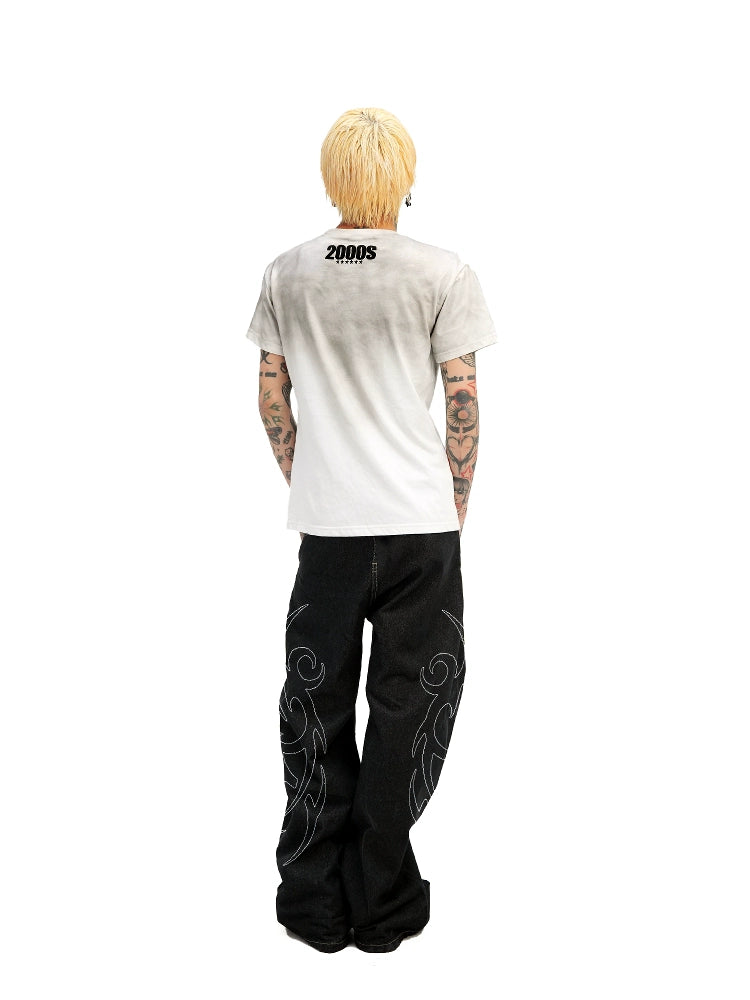 DETW 25ss * "2000S" washing destruction slogan front shoulder slim short sleeve Tee