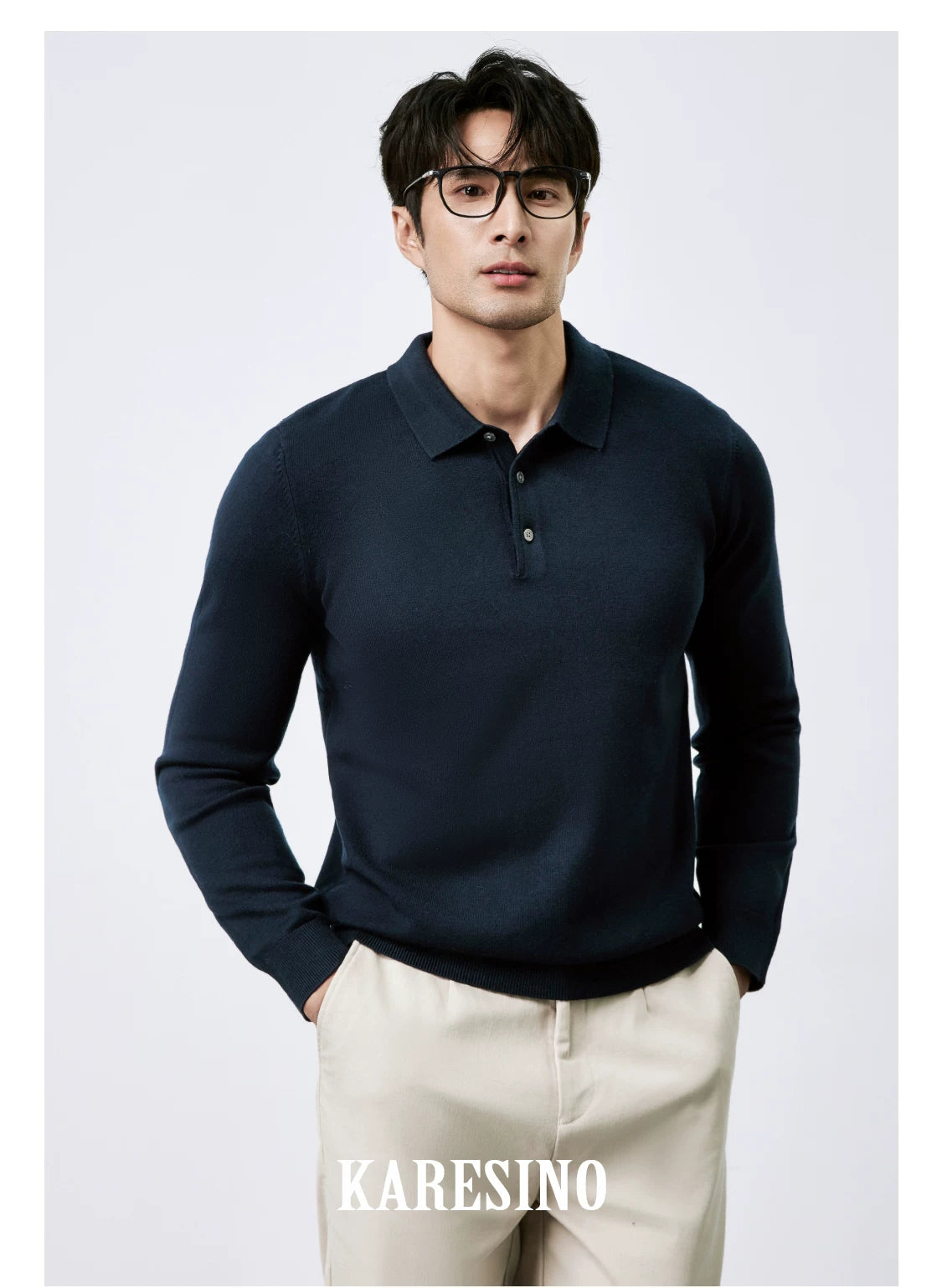 KARESINO Lyocell Wool, Lapel Polo Knitted Sweater