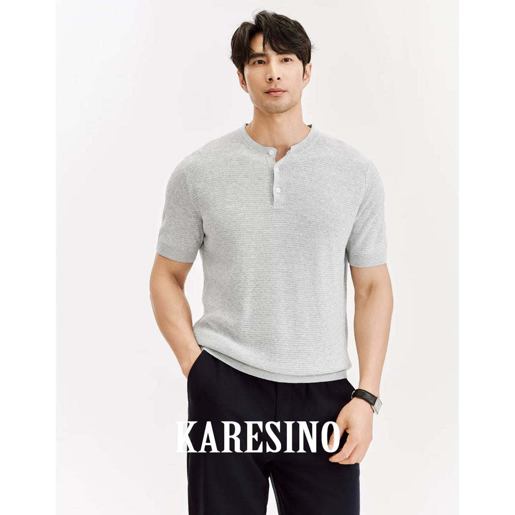 KARESINO Men's Breathable Linen Henley Knit Polo Shirt - Casual Tee