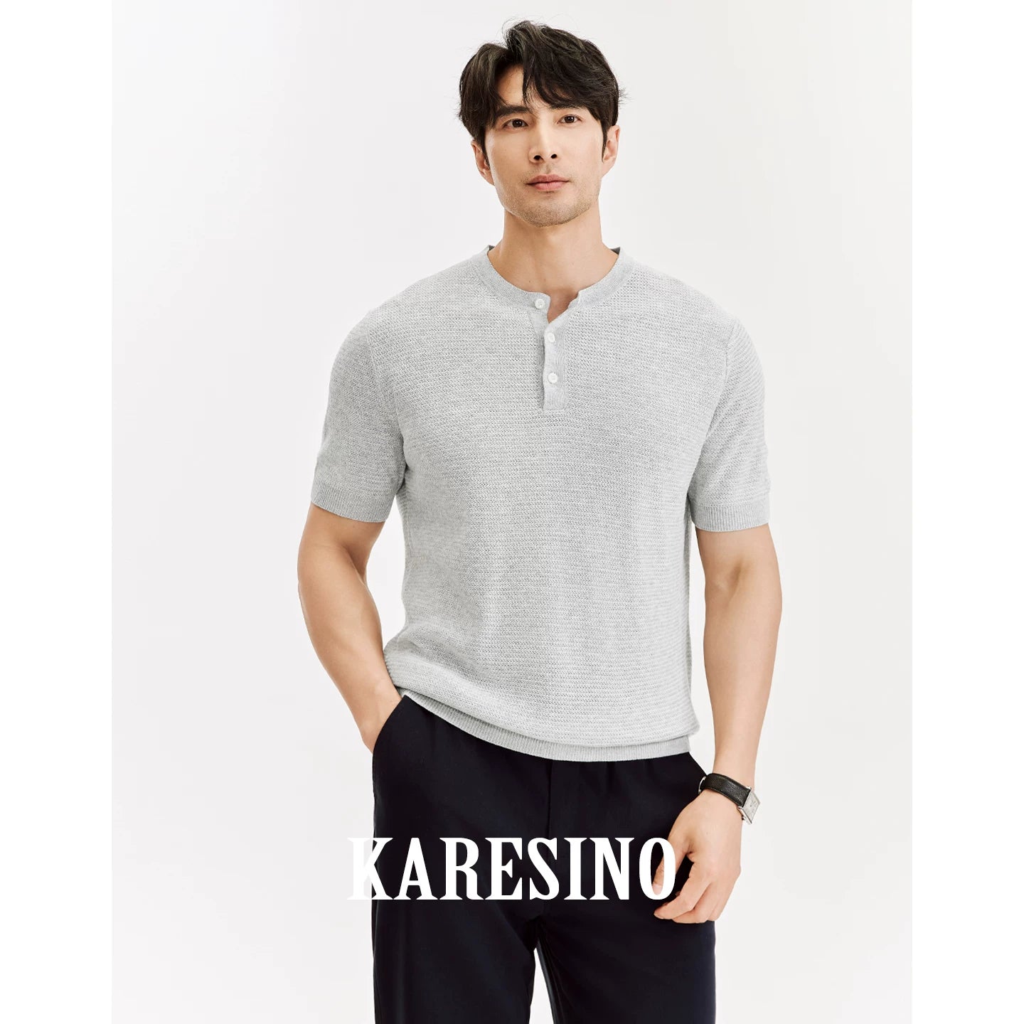 KARESINO Men's Breathable Linen Henley Knit Polo Shirt - Casual Tee
