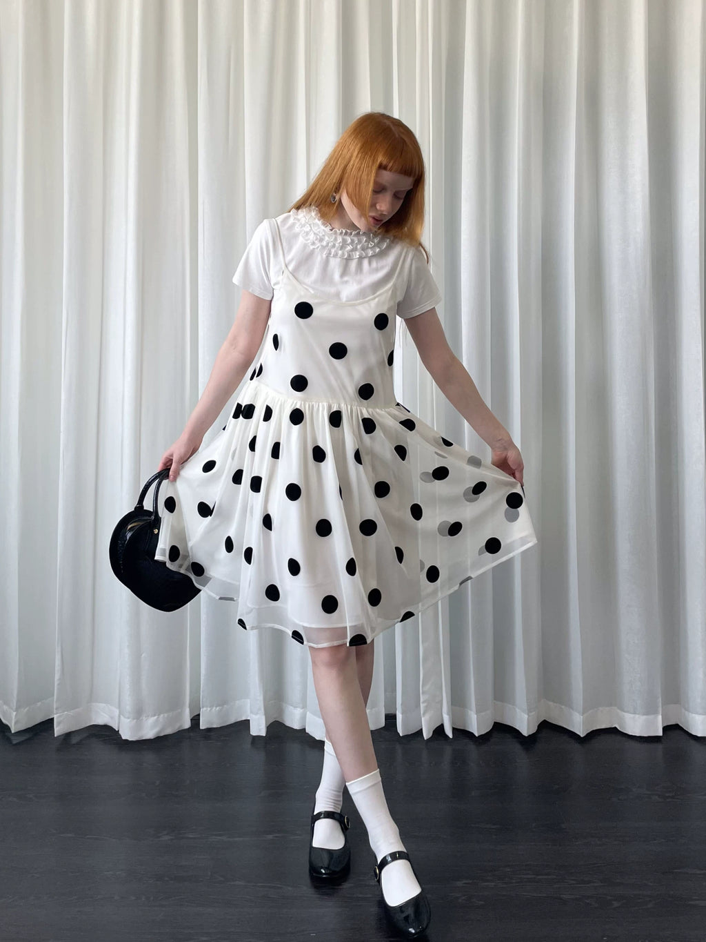 Loosesmell Splicing Pleated Dot Mesh Suspender Skirt