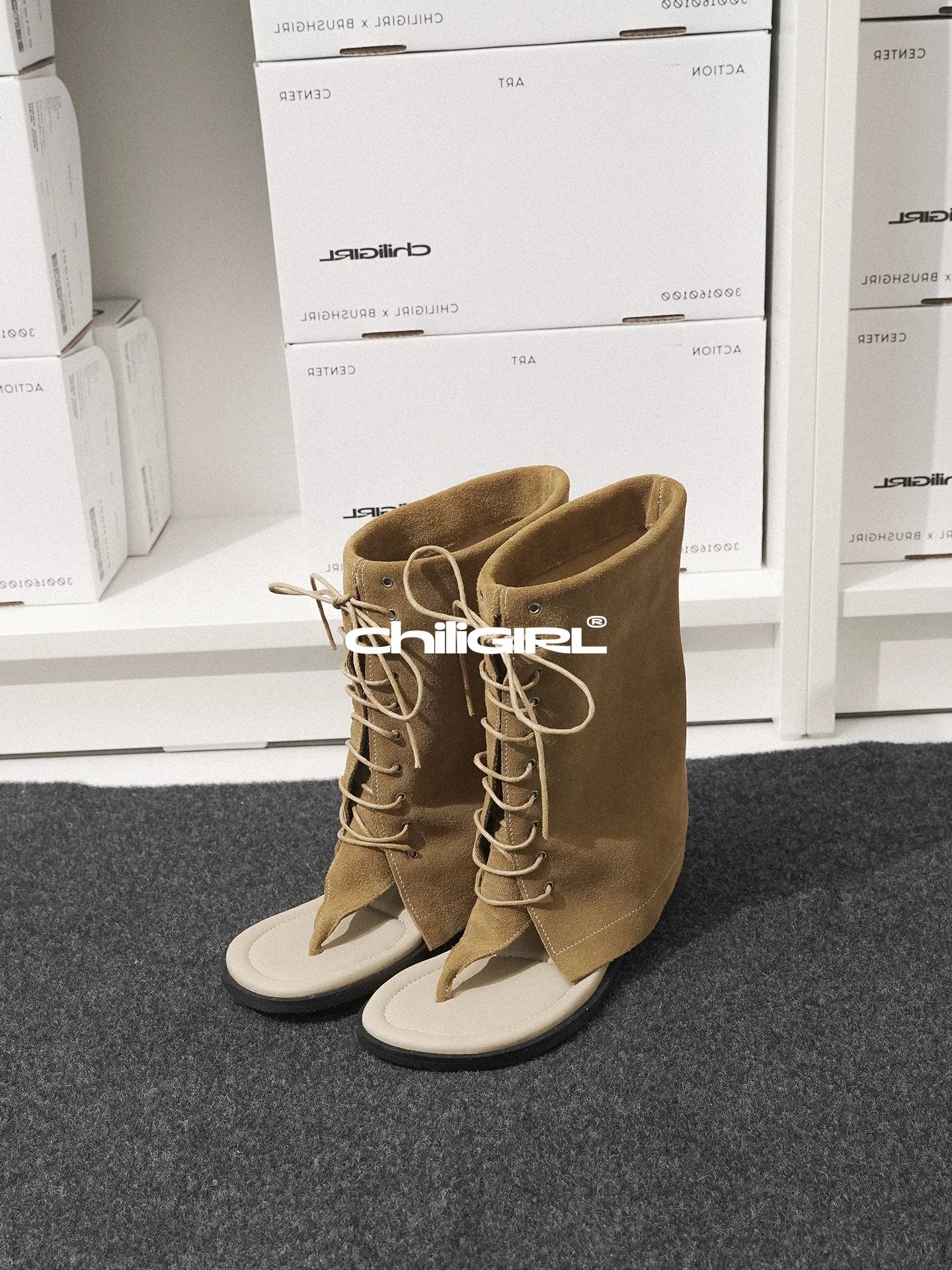 CHILIGIRL Suede Cross-Strap Mid-Calf Western Boot