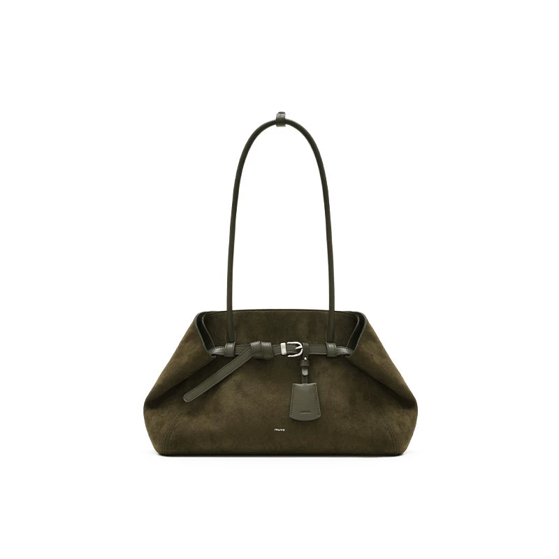 muva. Caramel Brown Suede Magnetic Snap Shoulder Bag