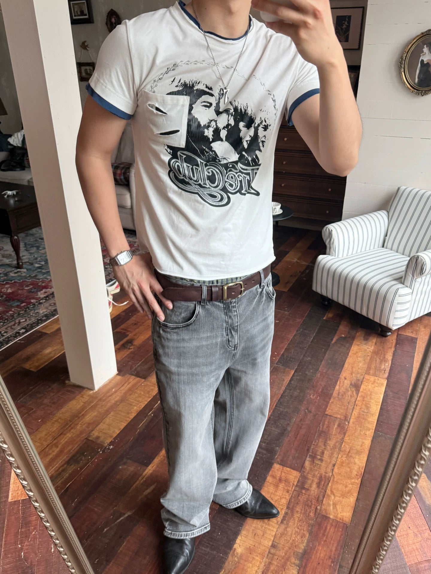 TREclub Blue-White Contrast Distressed Tee