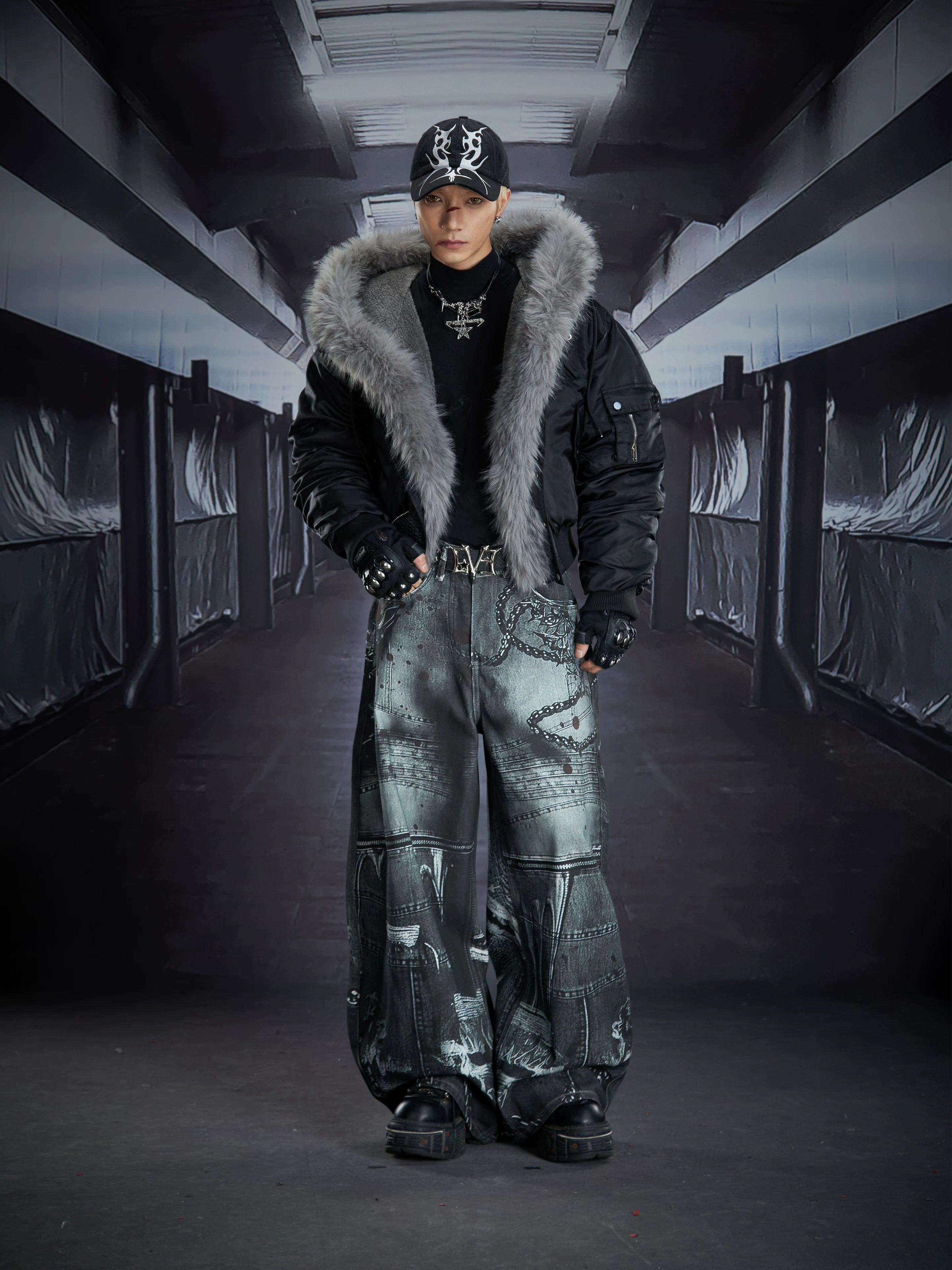 NOMANIAI Removable Fur Collar Nailed Hooded Embroidered Fleece Cotton Jacket