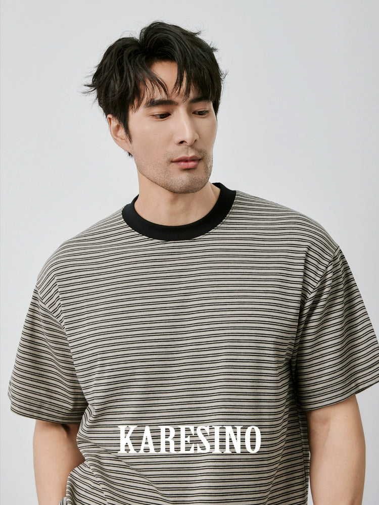 KARESINO Contrasting Striped Casual Round Neck Tee