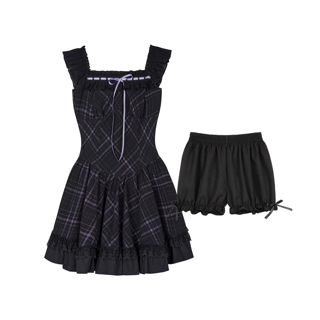 SagiDolls Plaid Wide Strap Mini Flutter Sleeve Dress Playful Slimming