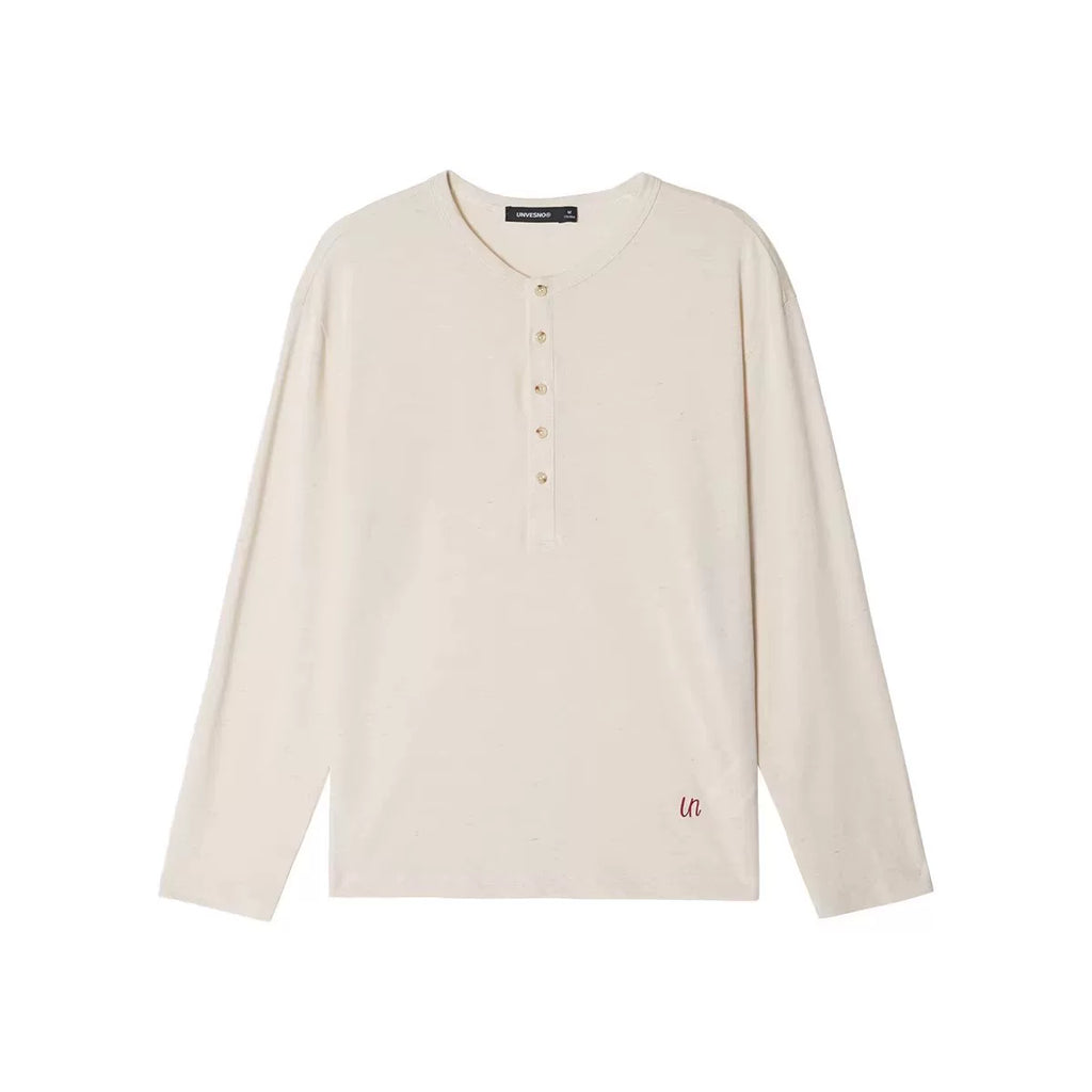 Unvesno Linen Blend Embroidery Relaxed Henley Tee