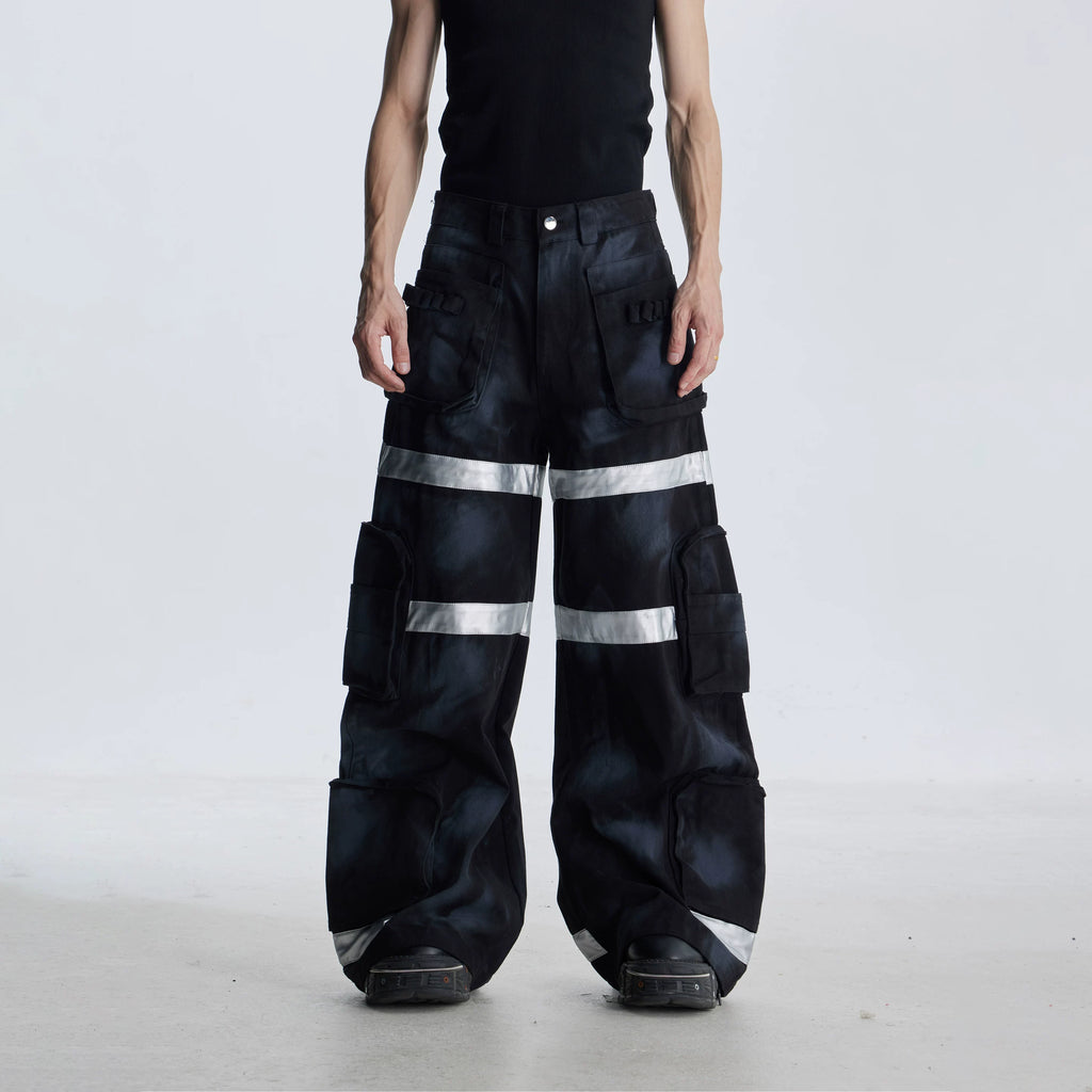 NOMANIAI Dirty-dyed Multi-pocket Workwear Wide-leg Jeans
