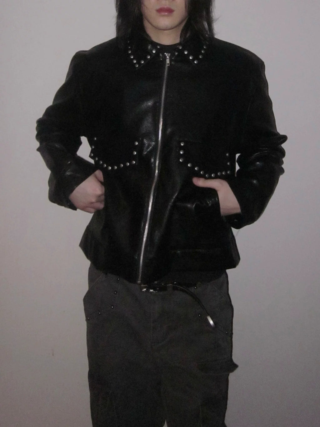 URRRGE Vintage Rivet Design Motorcycle Leather Jacket
