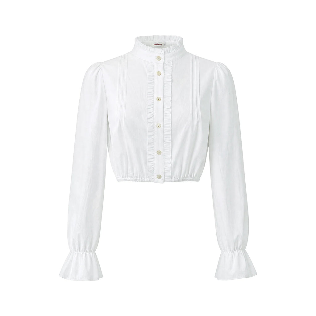 Wildberry French Stand Collar Pleated Flared Sleeve Cropped Blouse