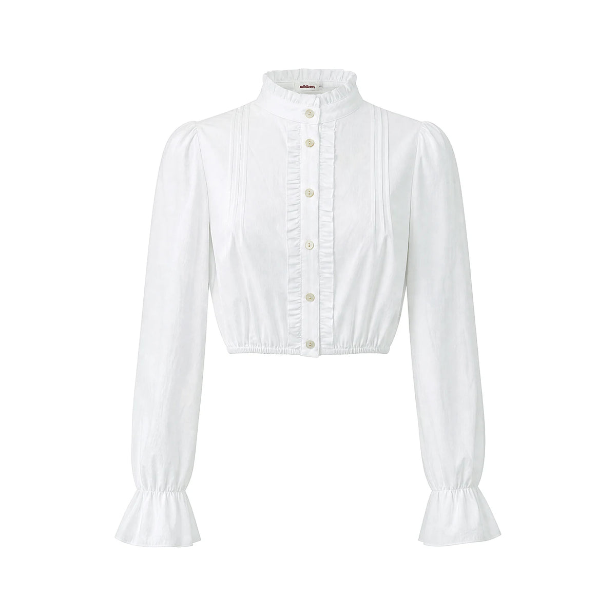 Wildberry French Stand Collar Pleated Flared Sleeve Cropped Blouse