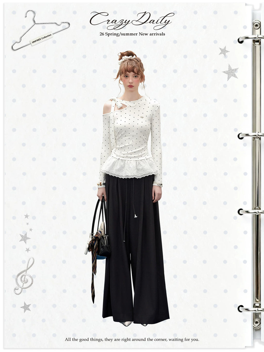 UNIFREE Polka Dot Off Shoulder Waist Strap Lace Splicing Long Sleeve