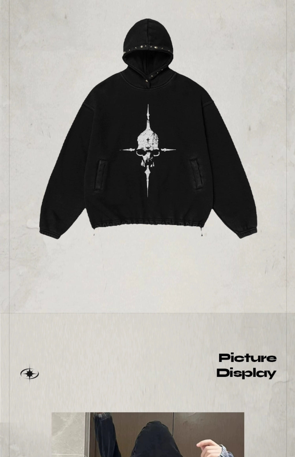 KONOOT Skull Print Washed Rivet Hooded Sweater