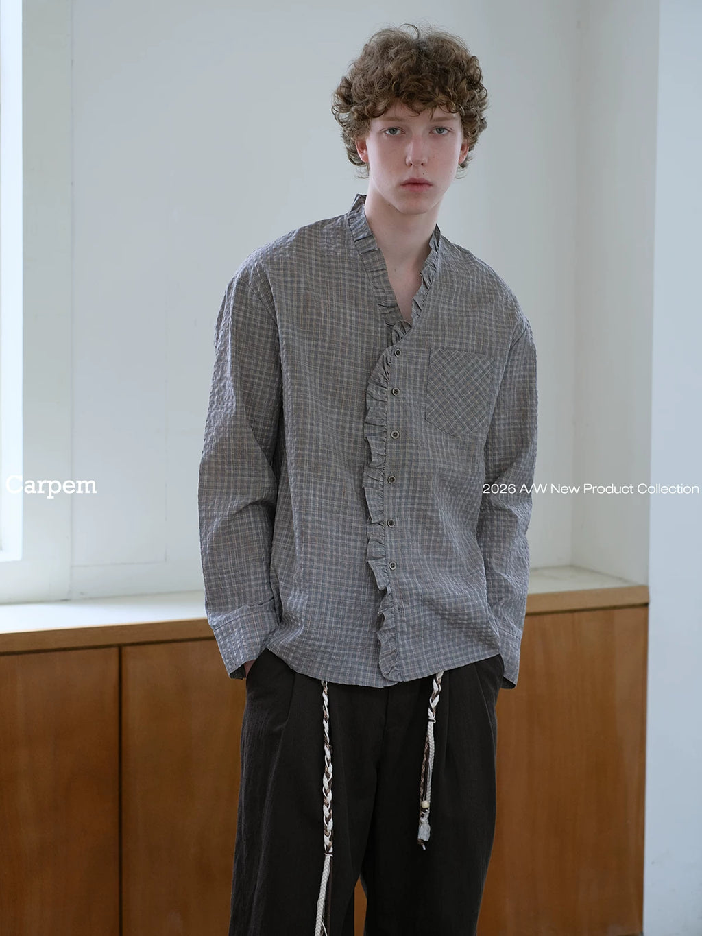CARPEM Retro Plaid Lace-Trim Long-Sleeve Shirt