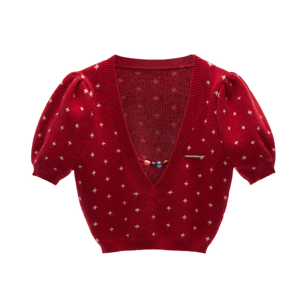 MAMC V-Neck Puff Sleeve Slim Fit Soft Knit Sweater