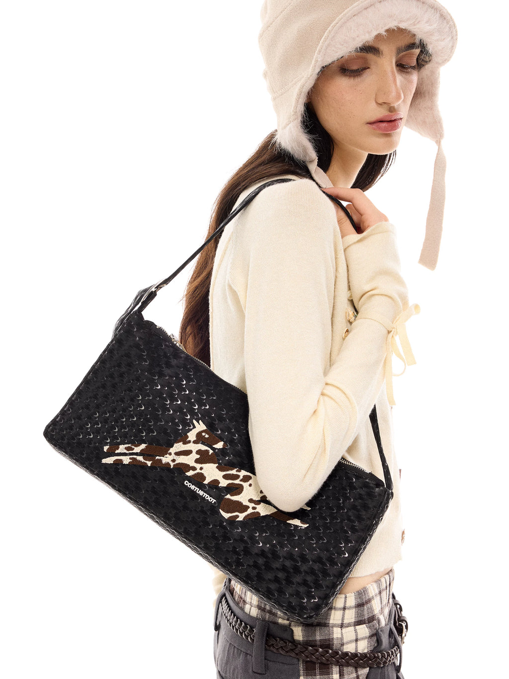 COSTUSTOOT Black Faux Leather Dalmatian Embroidered Shoulder Bag - Zip Top
