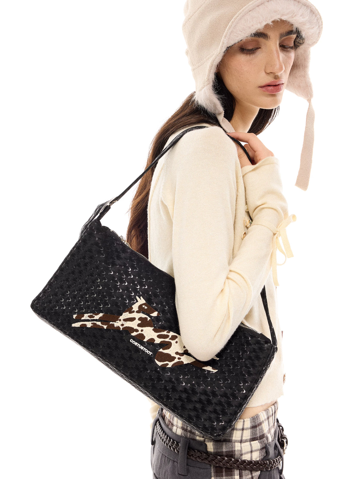 COSTUSTOOT Black Faux Leather Dalmatian Embroidered Shoulder Bag - Zip Top