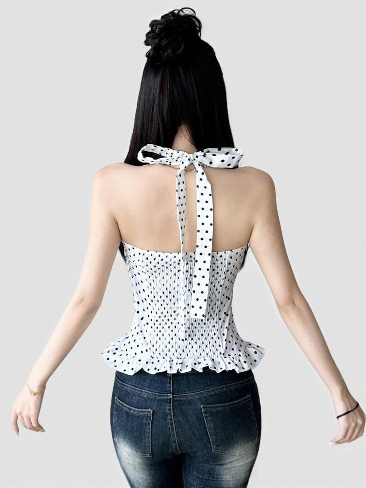 FUNOFF Contrast Polka Dot Lace Neck Sling Vest
